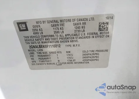 2015 Chevrolet Equinox 1Lt from USA, damaged, VIN 2GNALBEK6F1116812